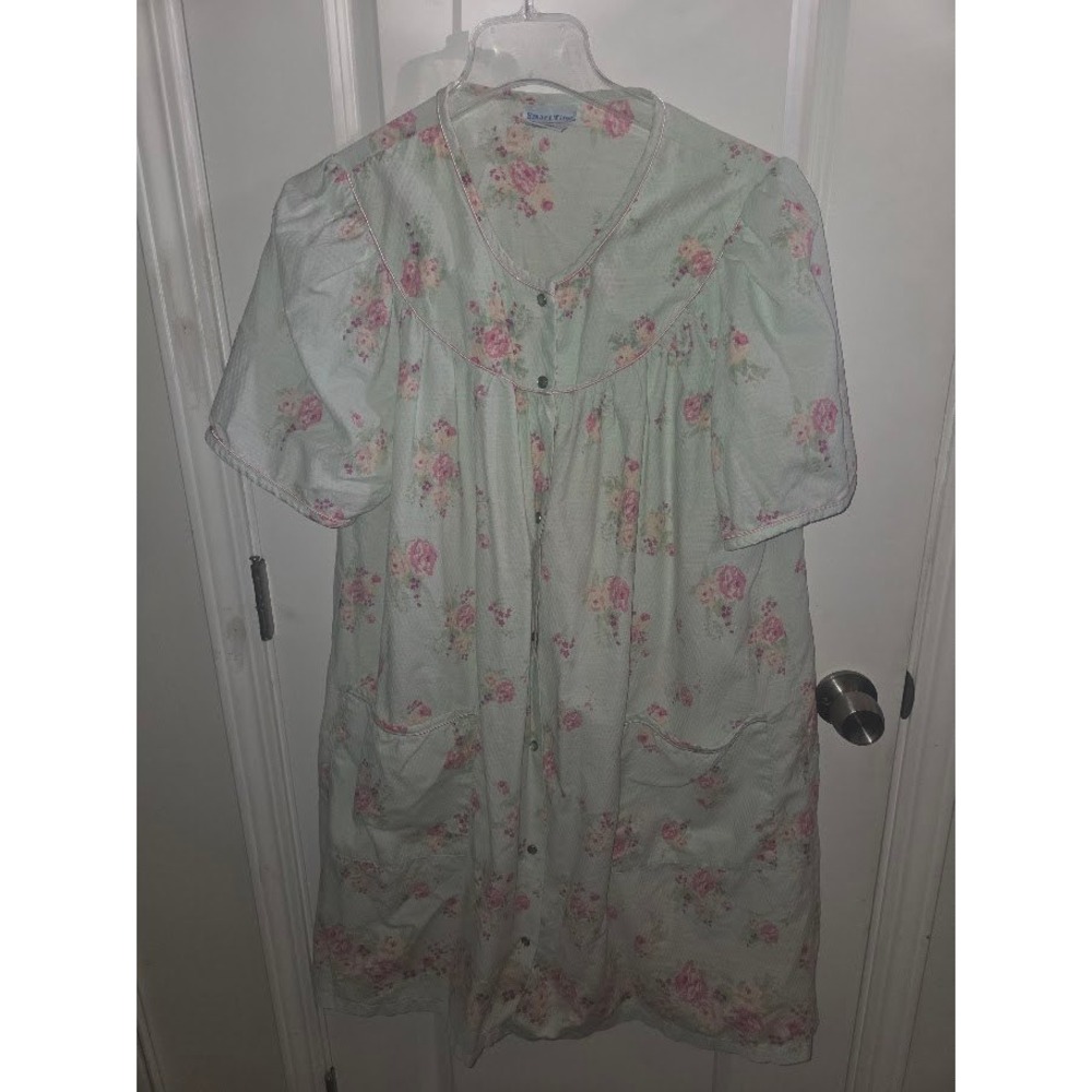 Smart Time Vintage Floral Seersucker Snap Front Nightgown Robe Housecoat Large